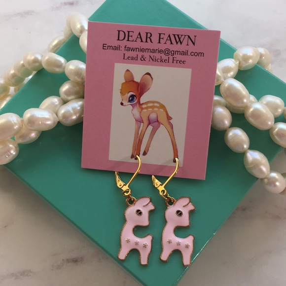 New Pink Fawn Deer Earrings.Hypoallergenic gold plated brass lever back earrings - Picture 1 of 5